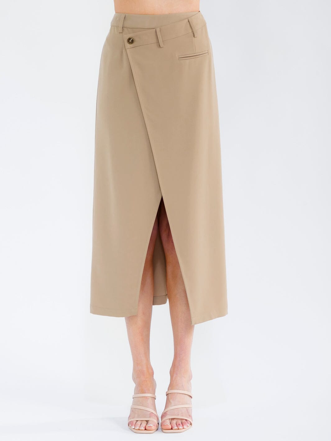 WOMEN'S BUTTON CLOSURE SURPLICE FRONT SLIT MAXI SKIRT