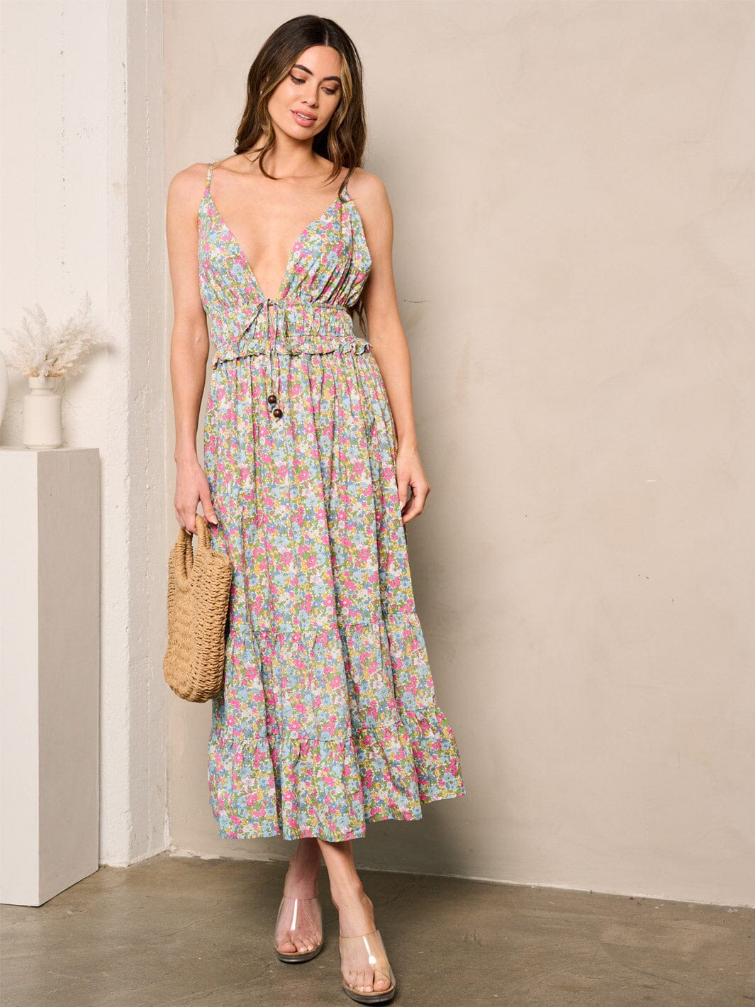 WOMEN'S SLEEVELESS V-NECK OPEN BACK FLORAL MIDI DRESS