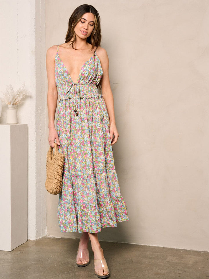 WOMEN'S SLEEVELESS V-NECK OPEN BACK FLORAL MIDI DRESS