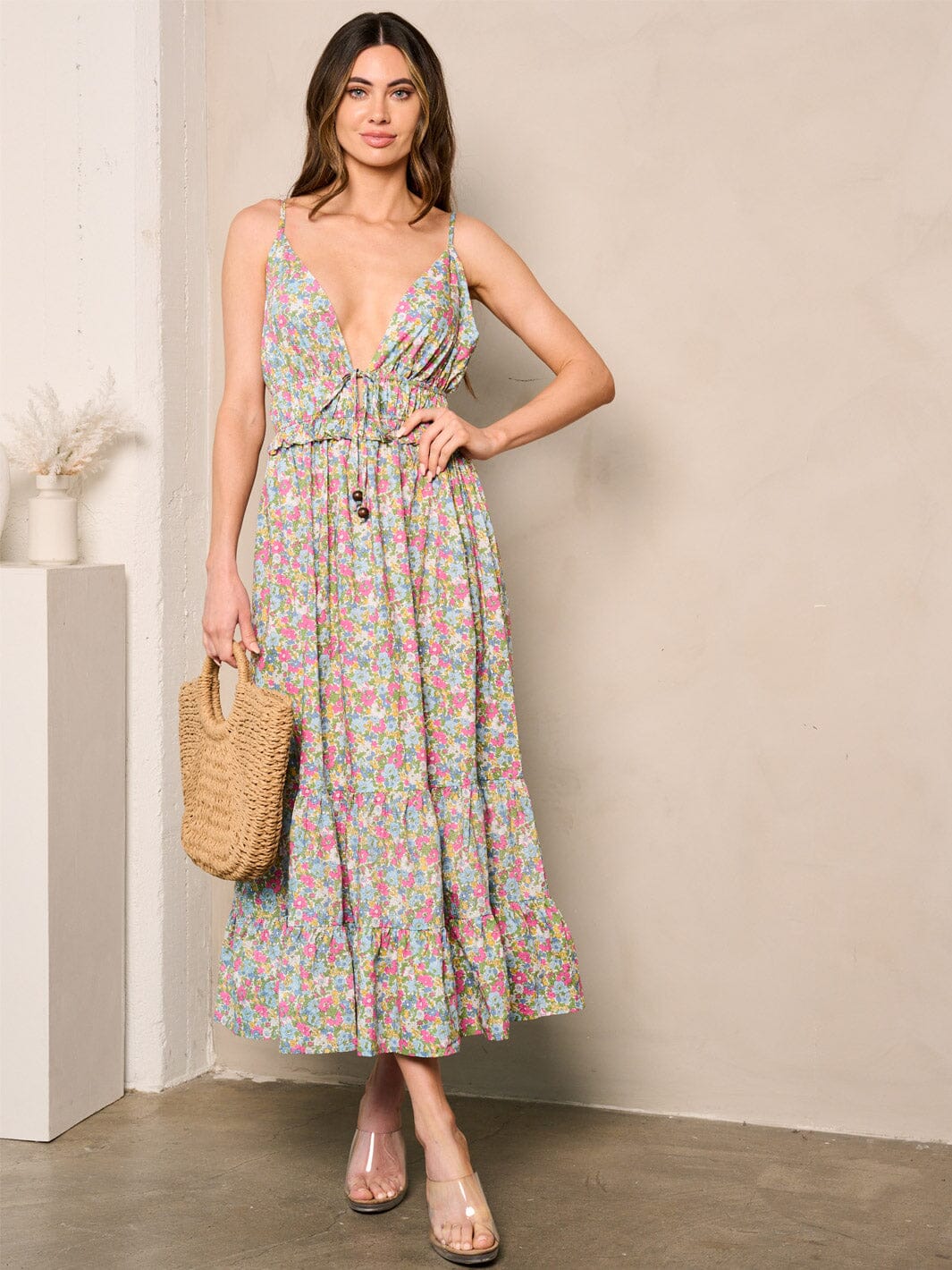 WOMEN'S SLEEVELESS V-NECK OPEN BACK FLORAL MIDI DRESS