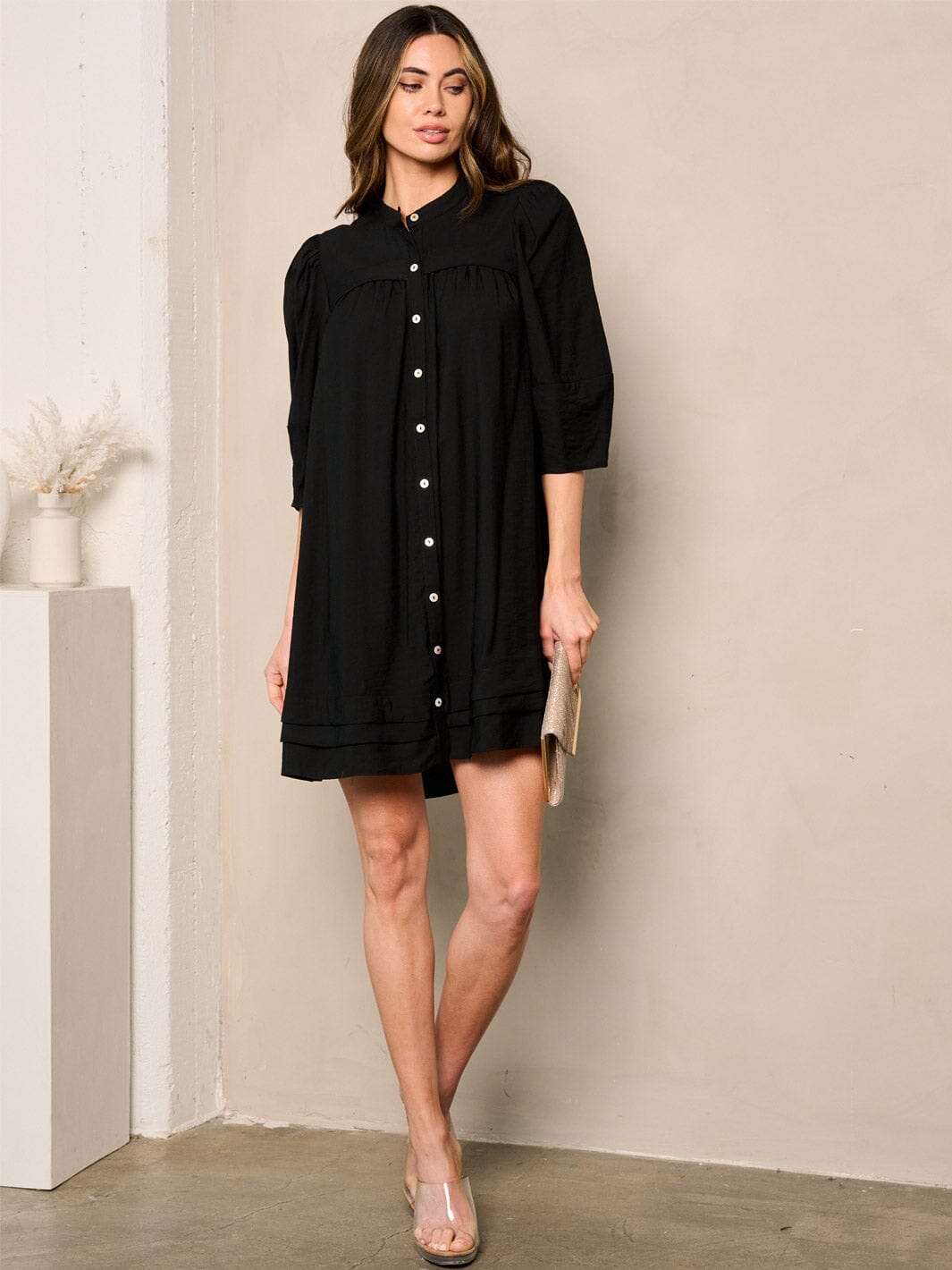 WOMEN'S 3/4 SLEEVE TUNIC BUTTON UP MINI DRESS