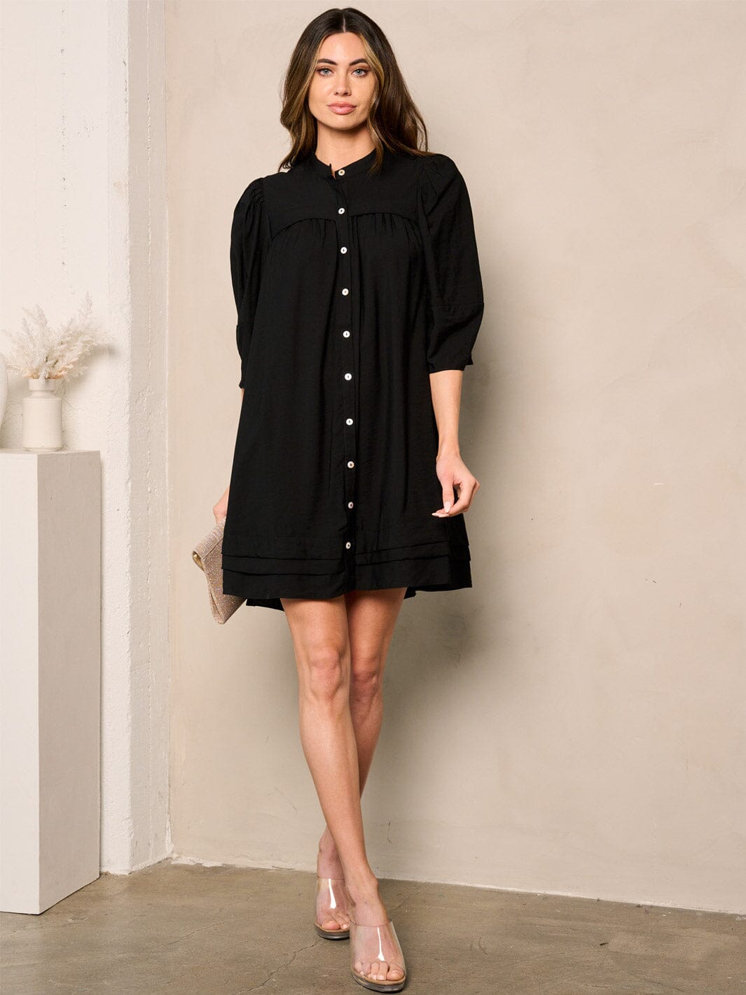WOMEN'S 3/4 SLEEVE TUNIC BUTTON UP MINI DRESS