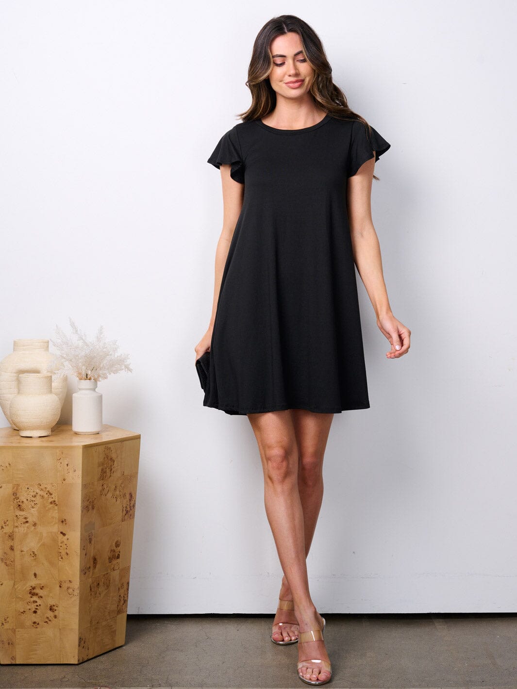 WOMEN'S SHORT RUFFLE SLEEVE POCKETS TUNIC MINI DRESS