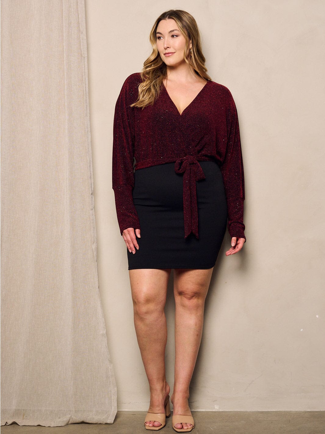 PLUS SIZE LONG SLEEVE SURPLICE SHIMMER MINI DRESS
