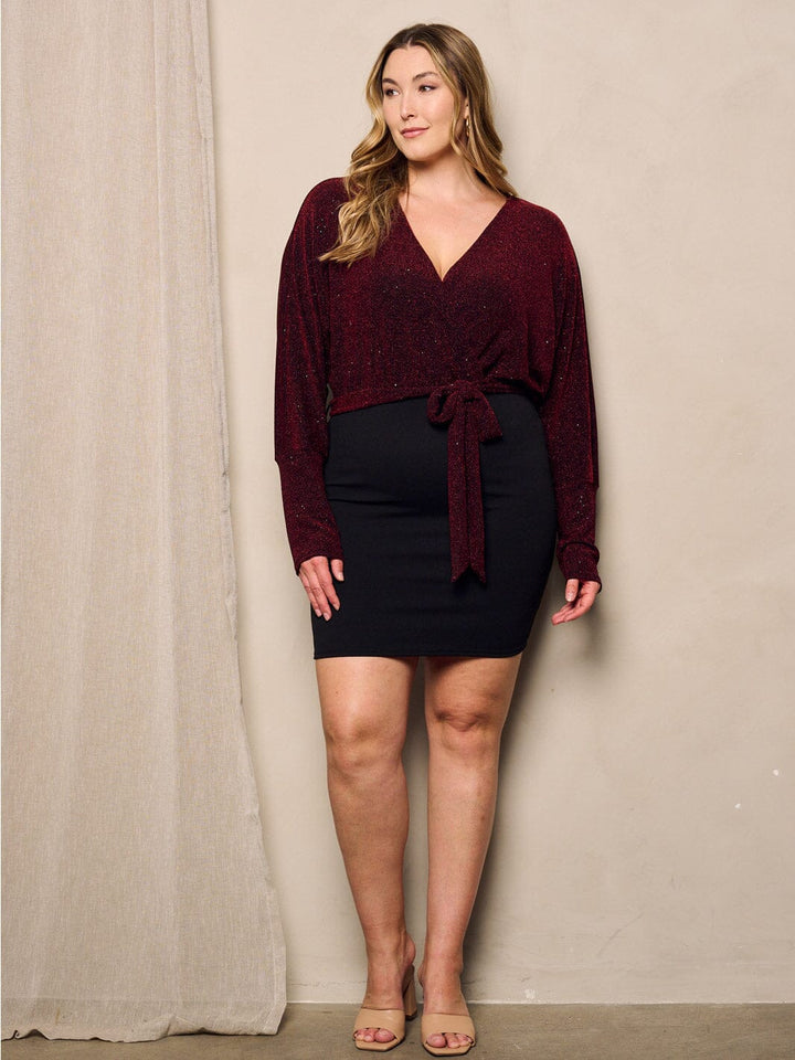 PLUS SIZE LONG SLEEVE SURPLICE SHIMMER MINI DRESS