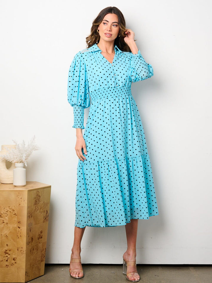WOMEN'S 3/4 SLEEVES BUTTON UP SMOCK WAIST TIERED POLKA DOTS MIDI DRESS