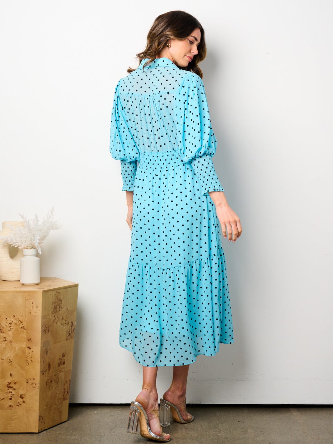 WOMEN'S 3/4 SLEEVES BUTTON UP SMOCK WAIST TIERED POLKA DOTS MIDI DRESS