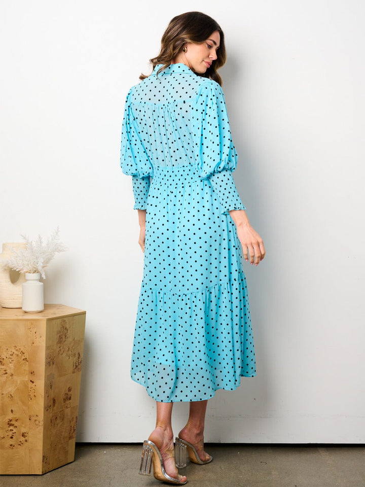 WOMEN'S 3/4 SLEEVES BUTTON UP SMOCK WAIST TIERED POLKA DOTS MIDI DRESS
