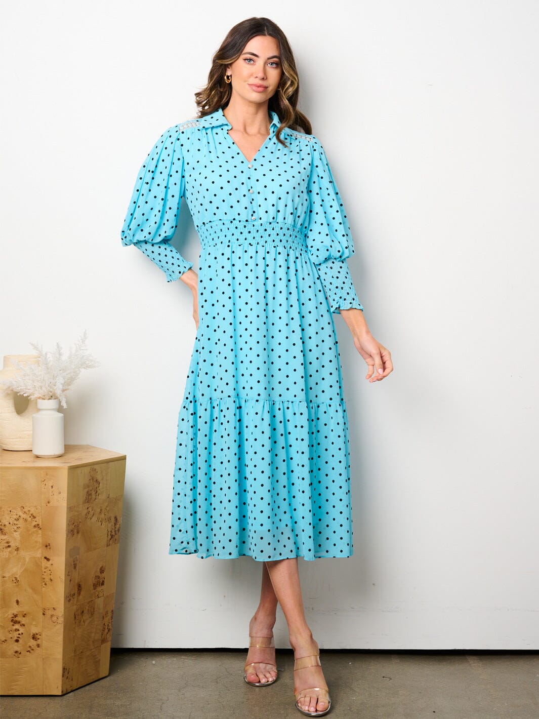 WOMEN'S 3/4 SLEEVES BUTTON UP SMOCK WAIST TIERED POLKA DOTS MIDI DRESS