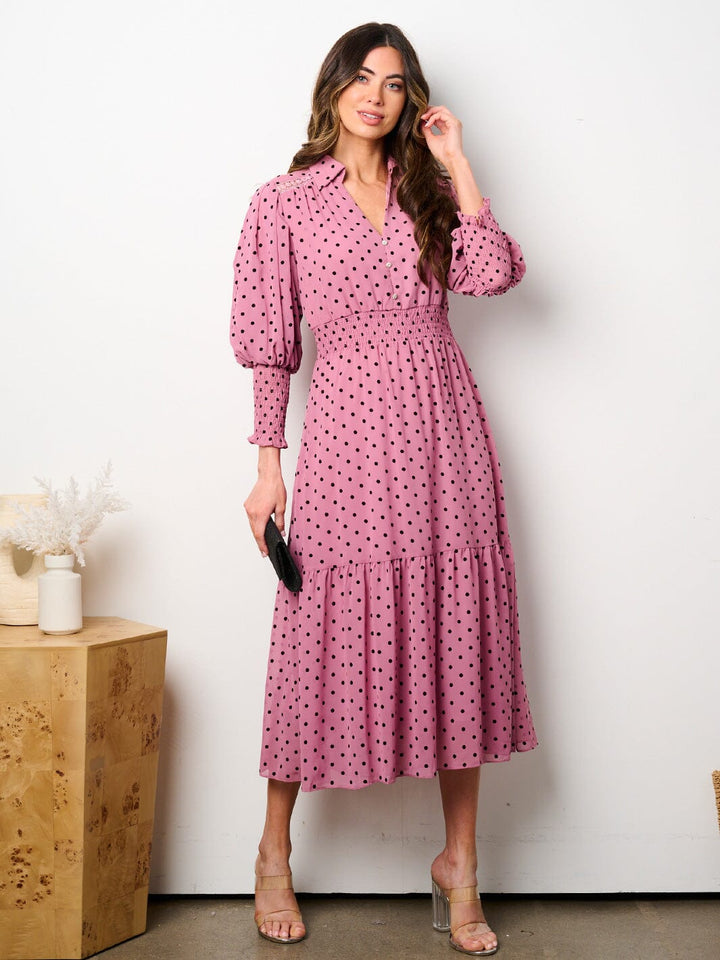 WOMEN'S 3/4 SLEEVES BUTTON UP SMOCK WAIST TIERED POLKA DOTS MIDI DRESS