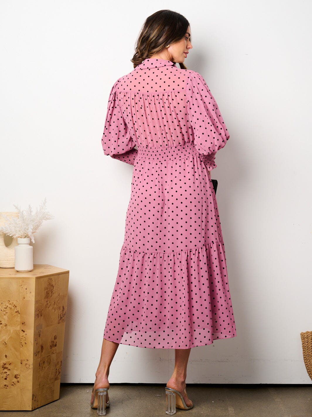 WOMEN'S 3/4 SLEEVES BUTTON UP SMOCK WAIST TIERED POLKA DOTS MIDI DRESS