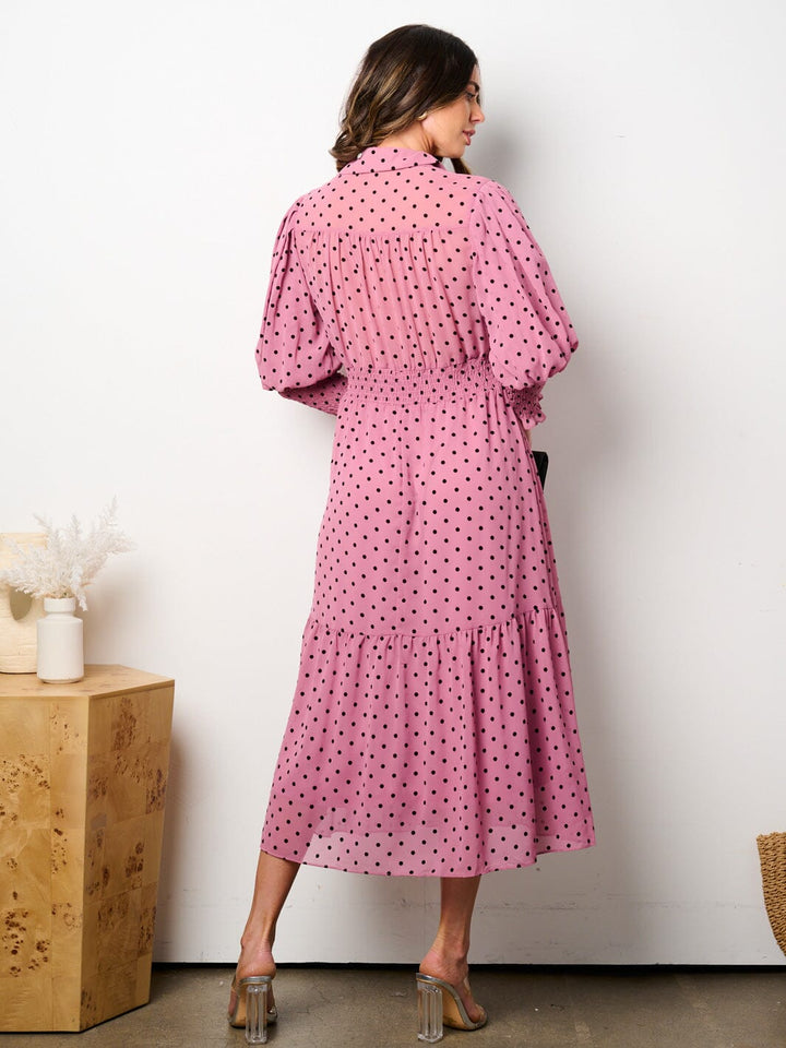 WOMEN'S 3/4 SLEEVES BUTTON UP SMOCK WAIST TIERED POLKA DOTS MIDI DRESS