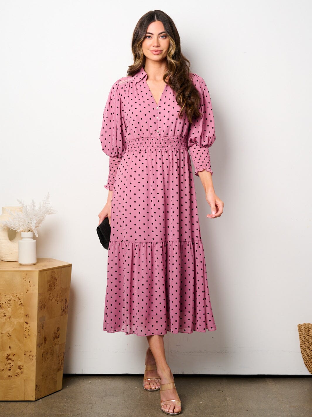 WOMEN'S 3/4 SLEEVES BUTTON UP SMOCK WAIST TIERED POLKA DOTS MIDI DRESS