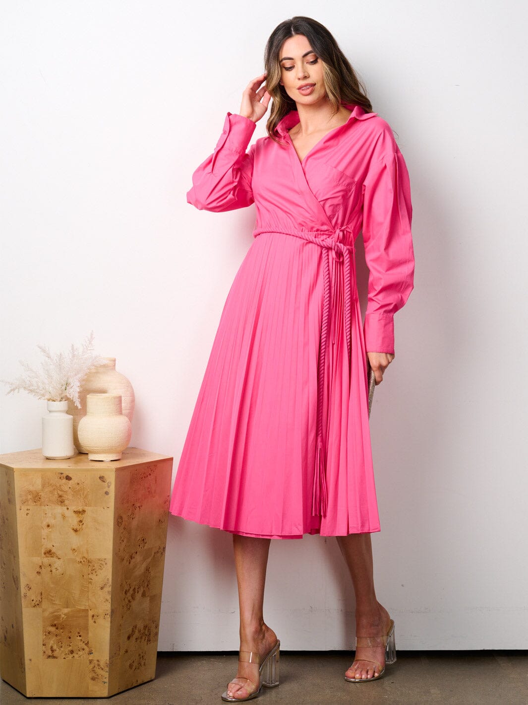 WOMEN'S LONG SLEEVE V-NECK WRAP PLEATED MIDI DRESS