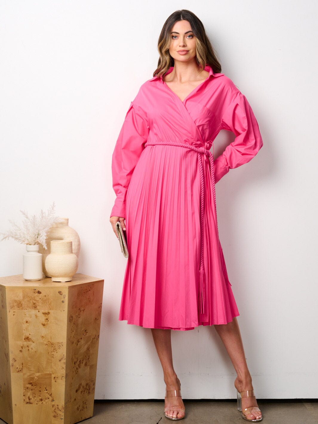 WOMEN'S LONG SLEEVE V-NECK WRAP PLEATED MIDI DRESS