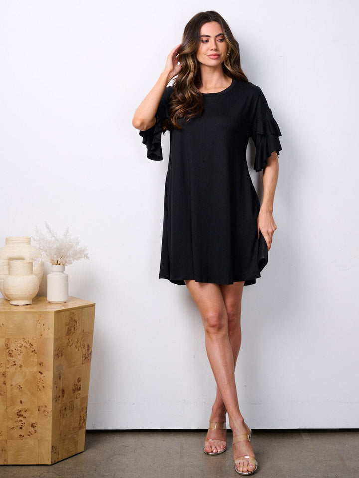 WOMEN'S SHORT RUFFLE SLEEVE POCKETS TUNIC MINI DRESS