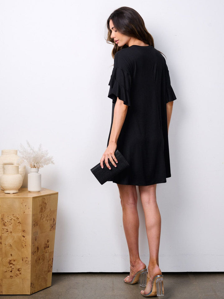 WOMEN'S SHORT RUFFLE SLEEVE POCKETS TUNIC MINI DRESS
