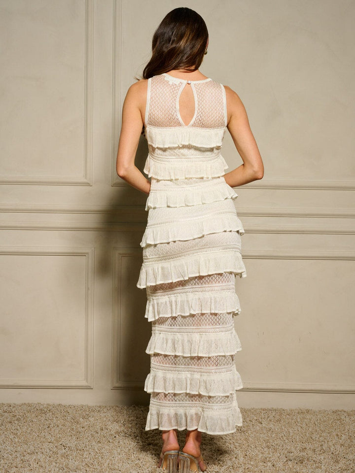 WOMEN'S SLEEVELESS TIERED RUFFLE MESH MAXI DRESS