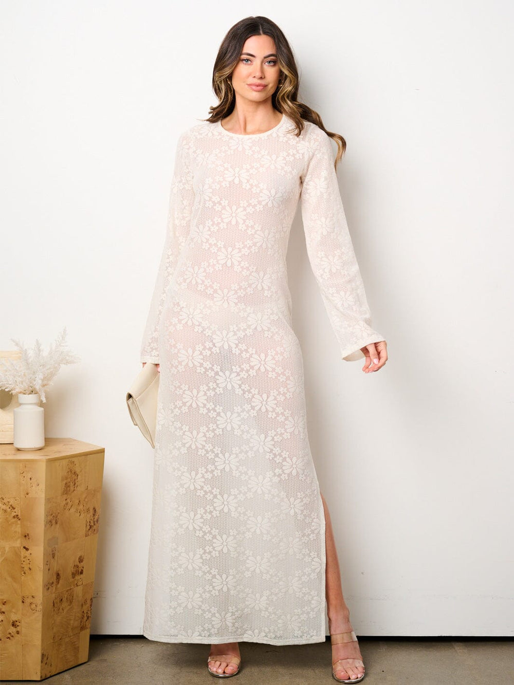 WOMEN'S LONG BELL SLEEVE OPEN BACK MESH MAXI DRESS