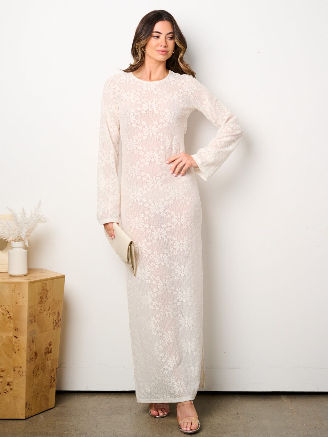 WOMEN'S LONG BELL SLEEVE OPEN BACK MESH MAXI DRESS