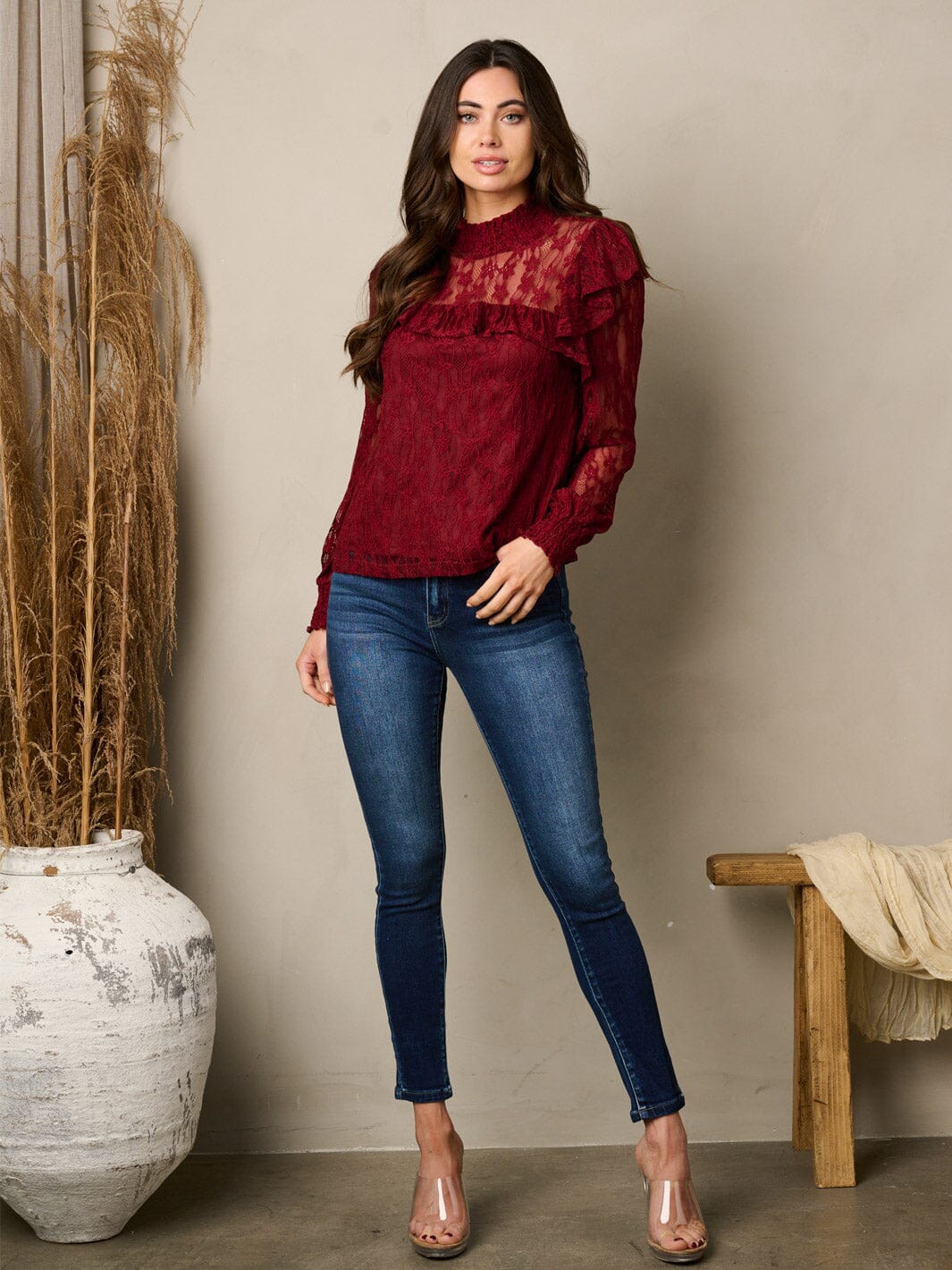 WOMEN'S LONG SLEEVE MOCK NECK LACE TOP