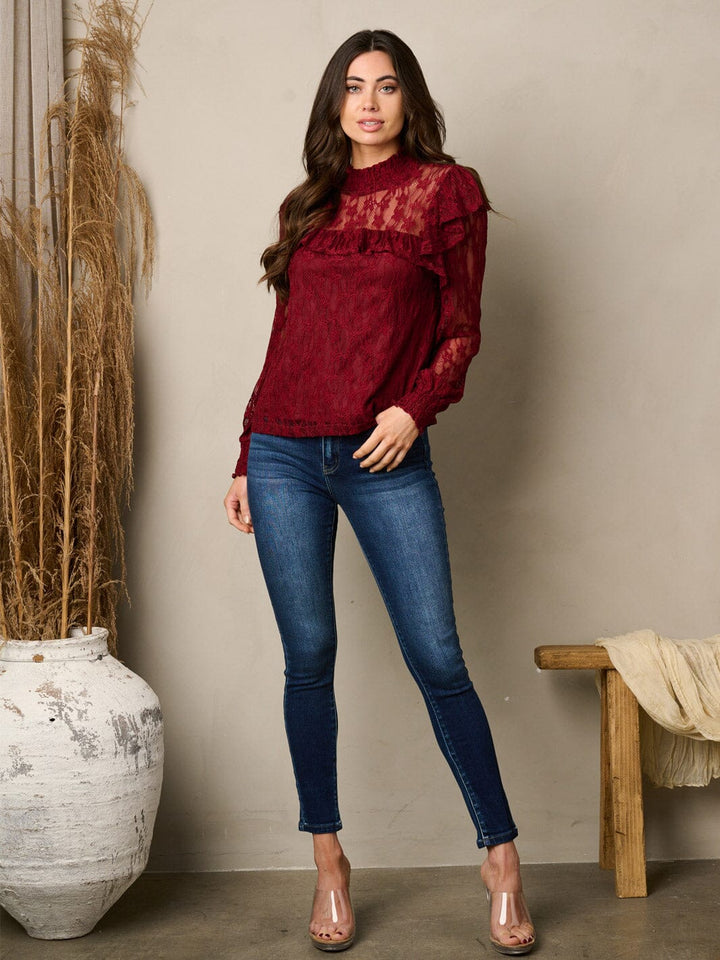WOMEN'S LONG SLEEVE MOCK NECK LACE TOP
