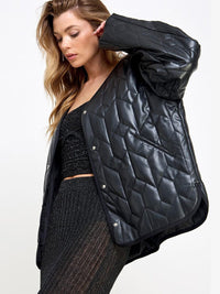 WOMEN'S LONG SLEEVE BUTTON CLOSURE POCKETS QUILTED PU JACKET