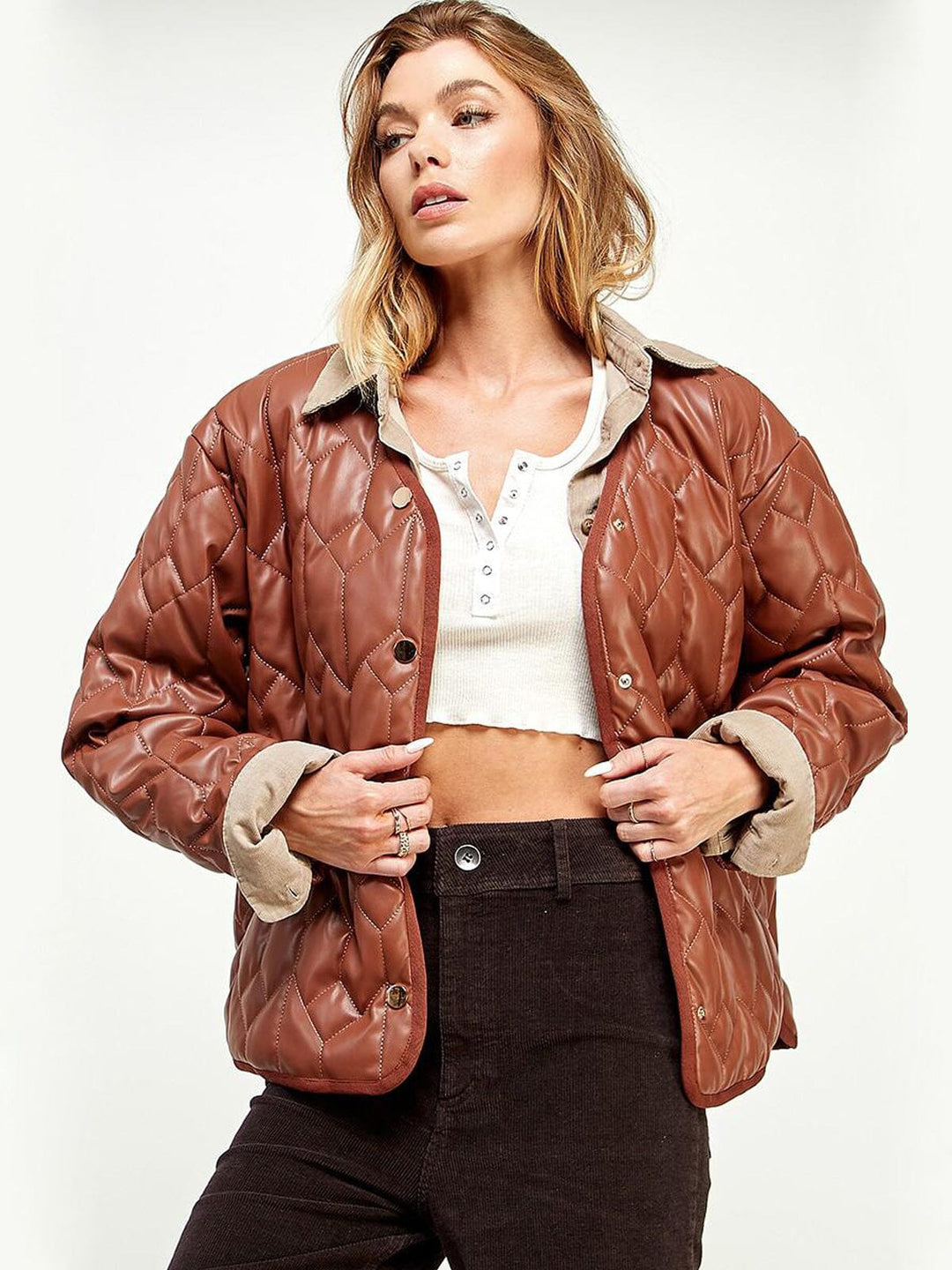 WOMEN'S LONG SLEEVE BUTTON CLOSURE POCKETS QUILTED PU JACKET