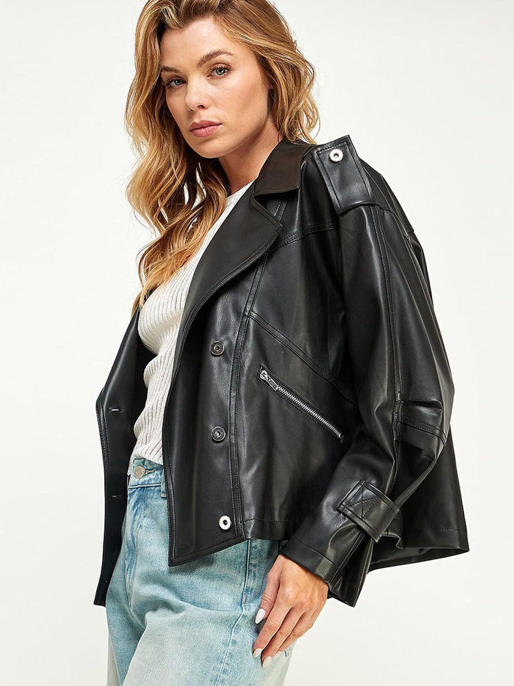 WOMEN'S LONG SLEEVE BUTTON CLOSURE POCKETS PU PLEATHER JACKET