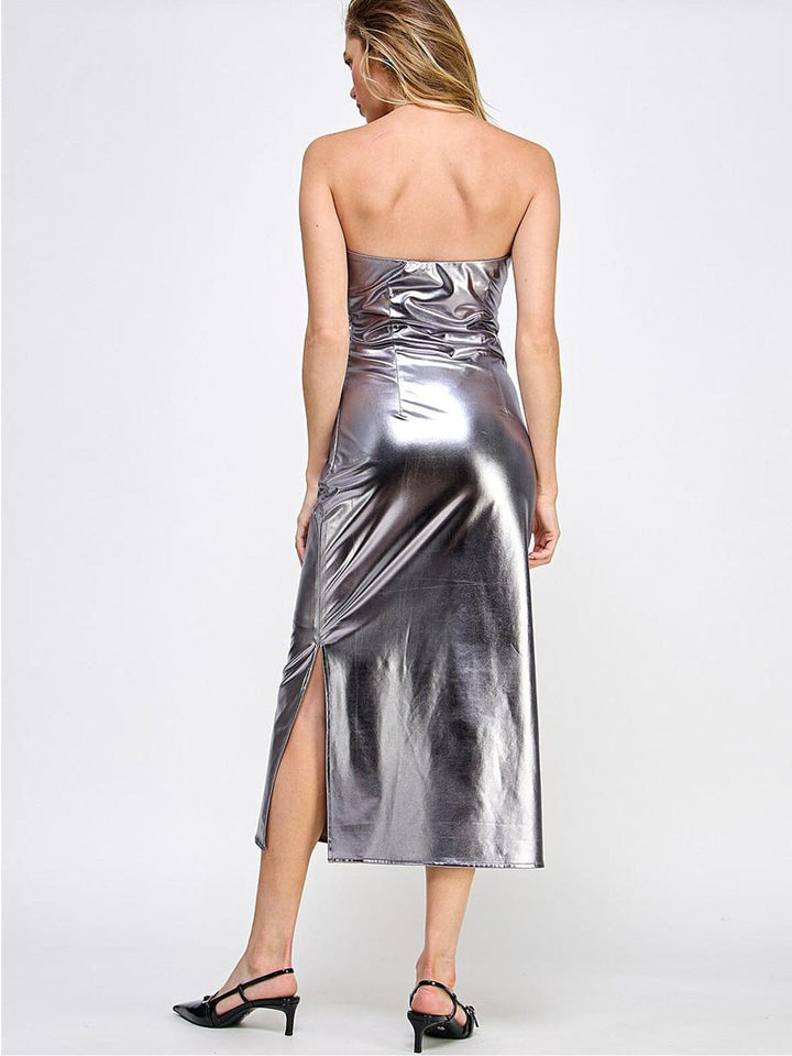 WOMEN'S SLEEVELESS RUCHED METALLIC MAXI DRESS