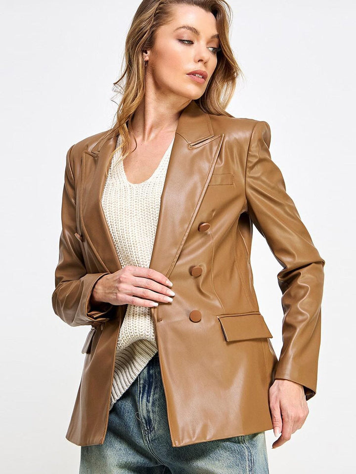 WOMEN'S LONG SLEEVE BUTTON CLOSURE POCKETS PU PLEATHER JACKET