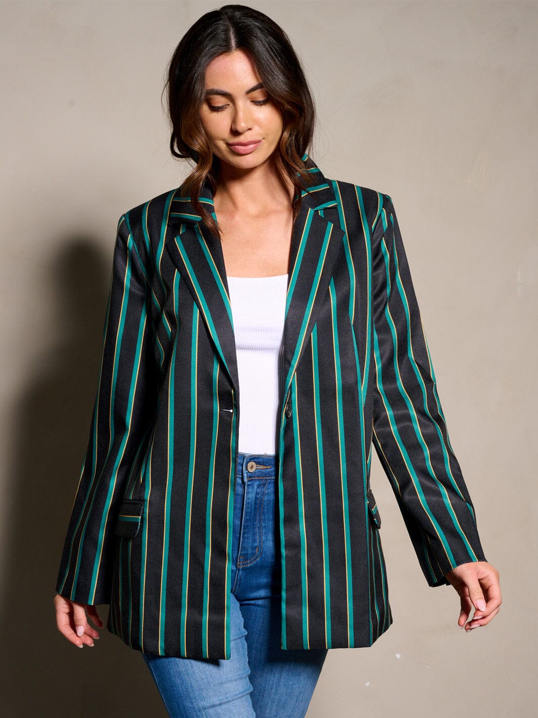 WOMEN'S LONG SLEEVE BUTTON CLOSURE STRIPES COLORBLOCK BLAZER