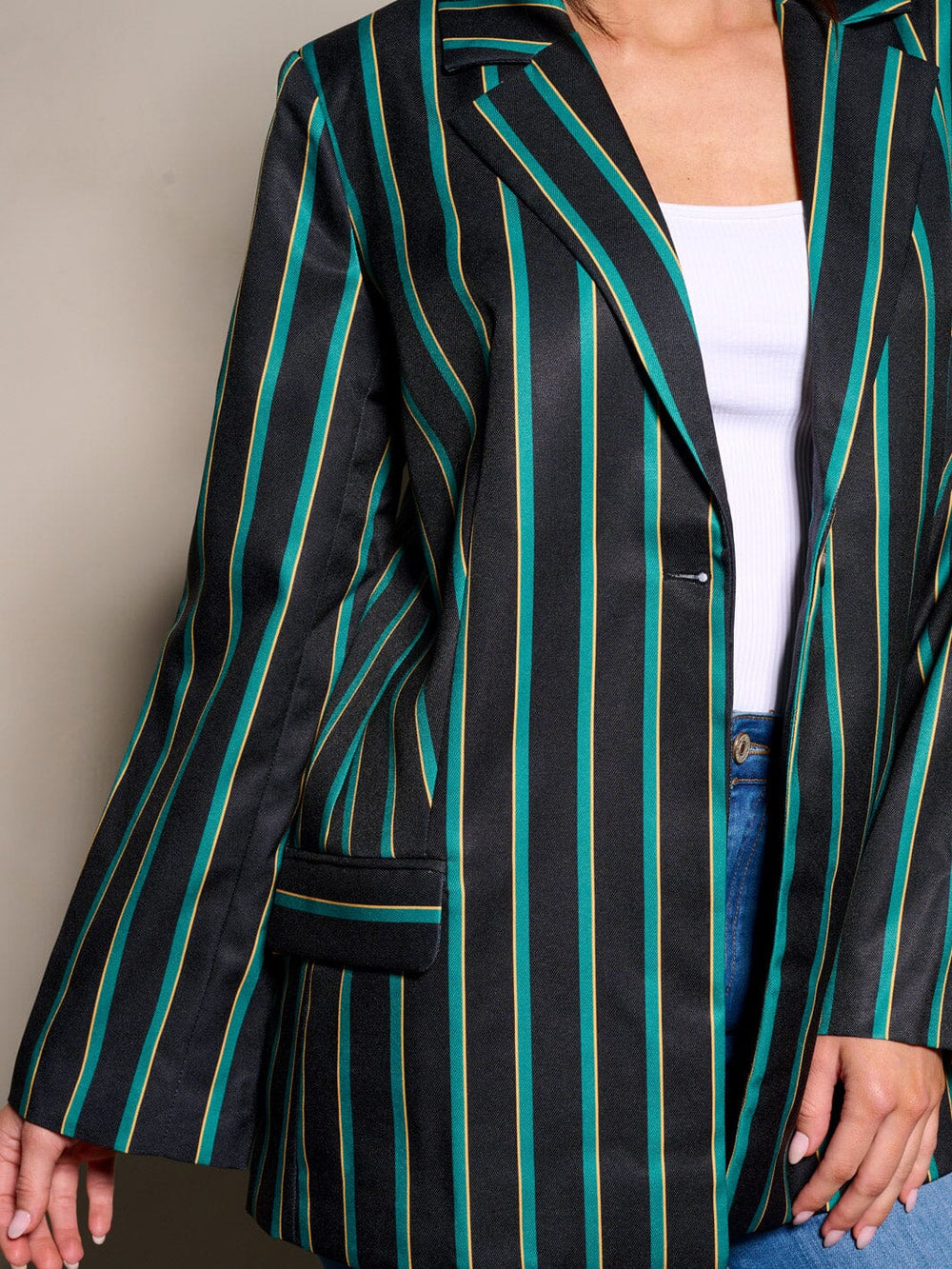WOMEN'S LONG SLEEVE BUTTON CLOSURE STRIPES COLORBLOCK BLAZER