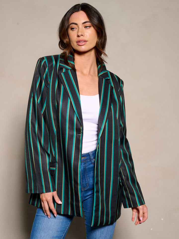 WOMEN'S LONG SLEEVE BUTTON CLOSURE STRIPES COLORBLOCK BLAZER