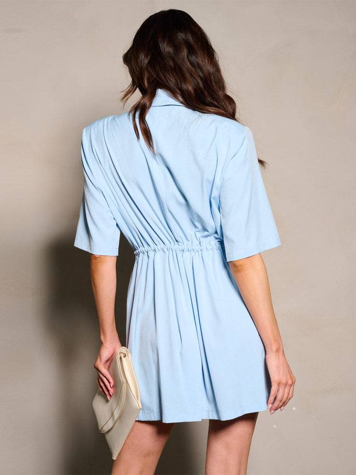 WOMEN'S SHORT SLEEVE POCKETS SELF TIE WRAP MINI DRESS