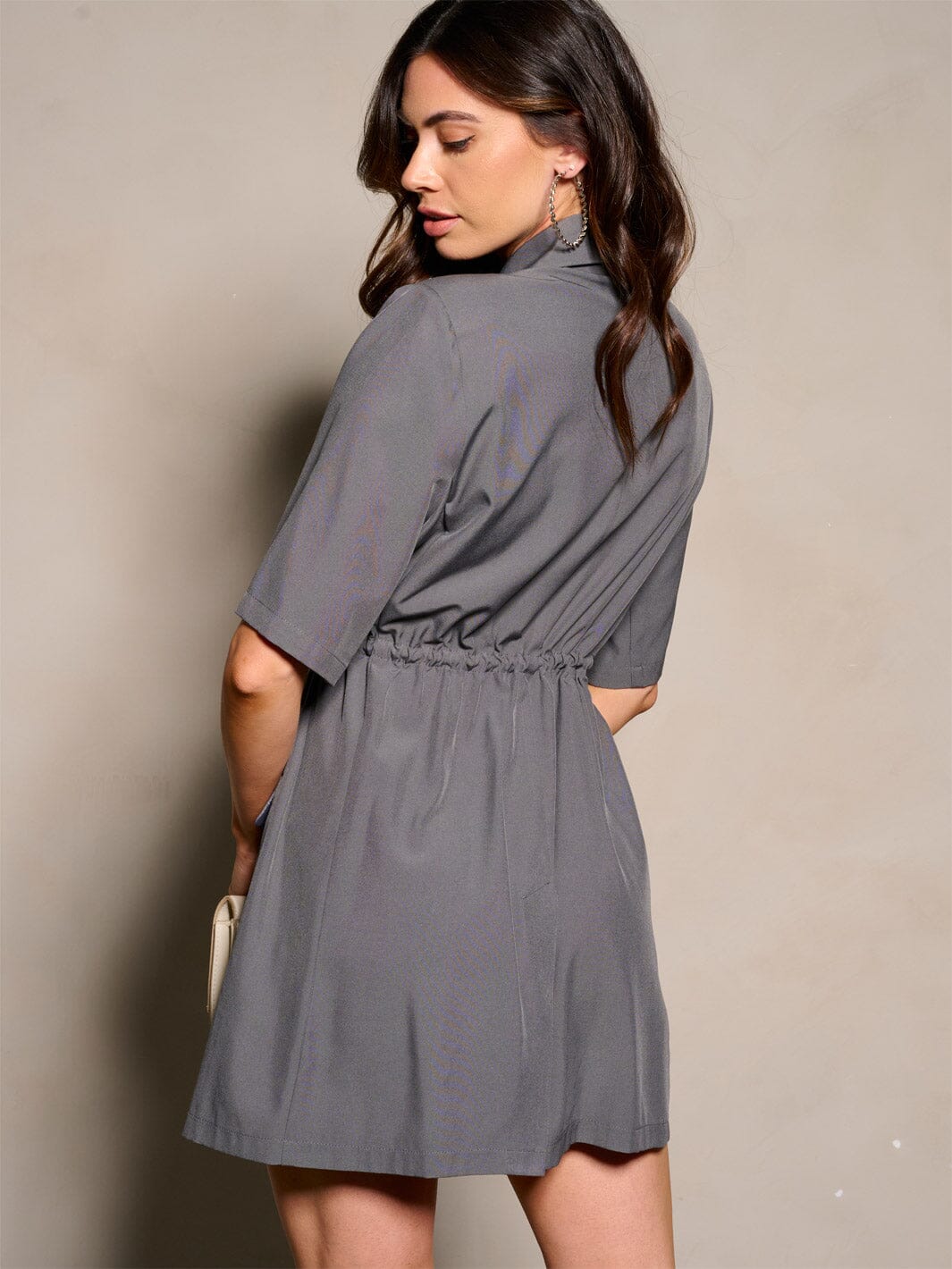 WOMEN'S SHORT SLEEVE POCKETS SELF TIE WRAP MINI DRESS