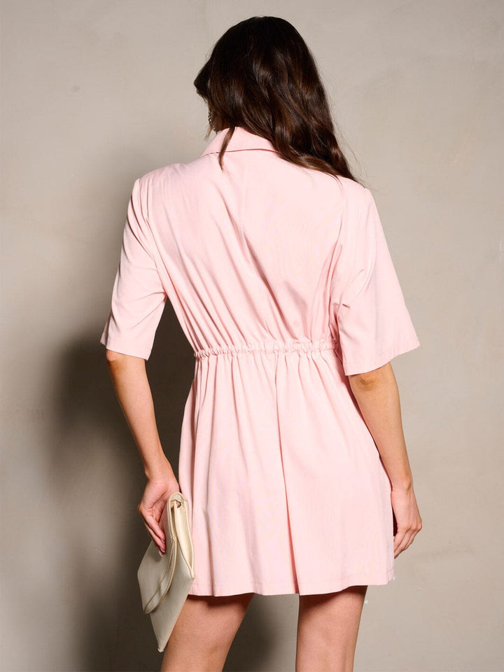 WOMEN'S SHORT SLEEVE POCKETS SELF TIE WRAP MINI DRESS