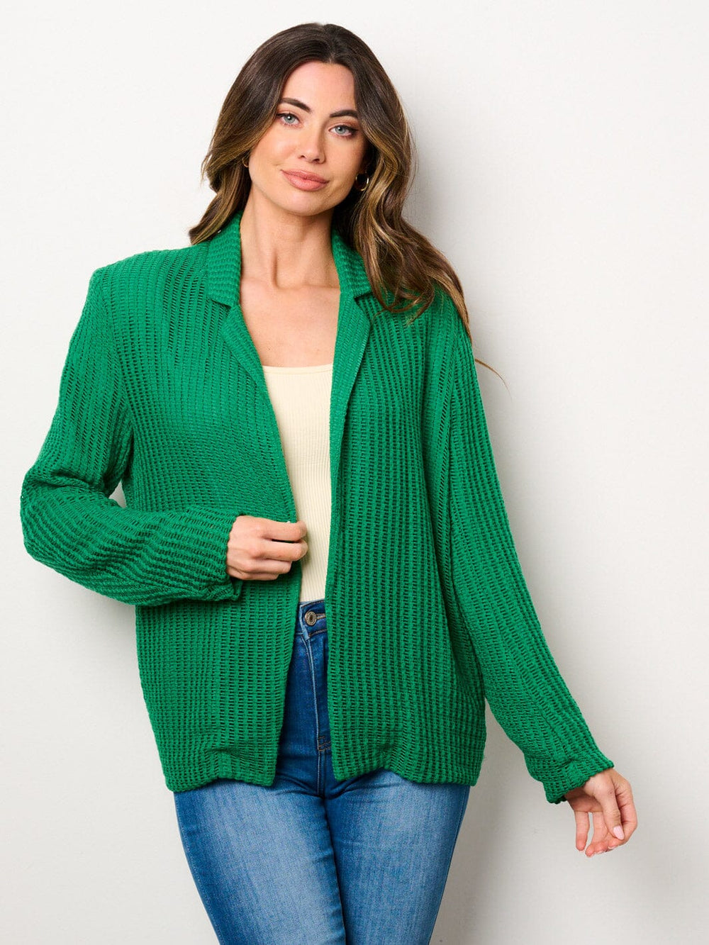 WOMEN'S LONG SLEEVE OPEN FRONT POCKETS KNIT BLAZER