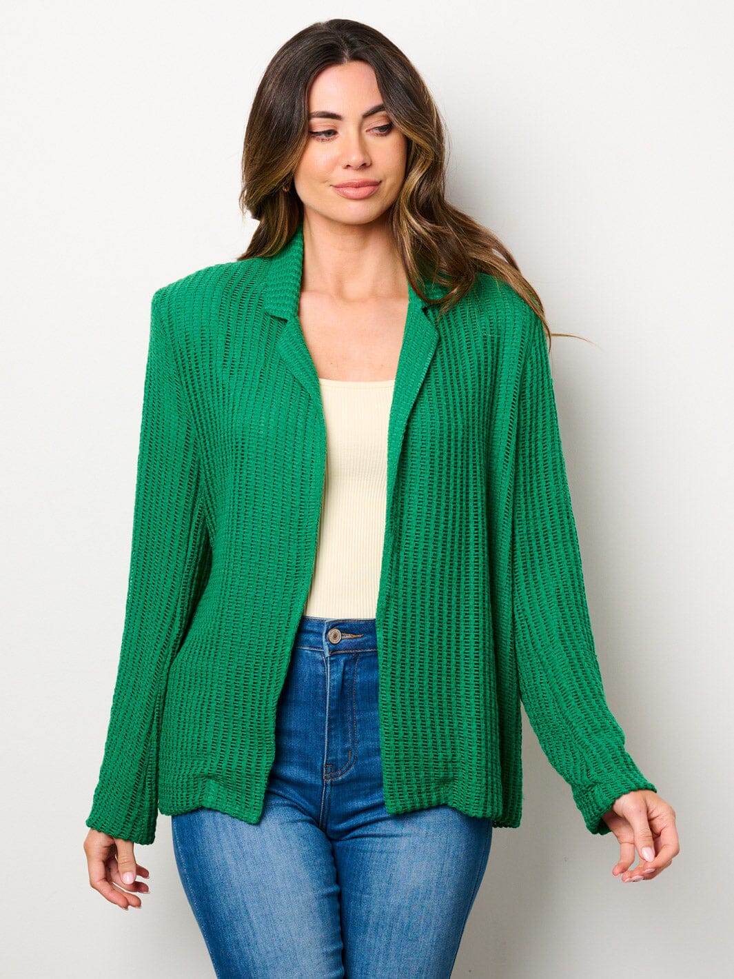 WOMEN'S LONG SLEEVE OPEN FRONT POCKETS KNIT BLAZER