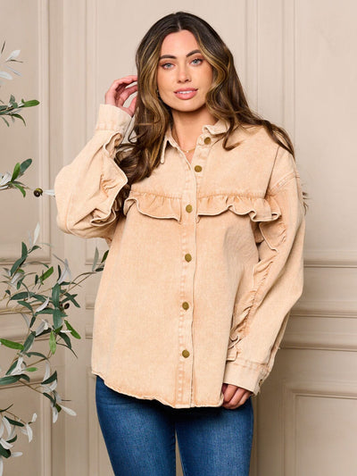 WOMENS LONG SLEEVE BUTTON UP DENIM WASHED TOP