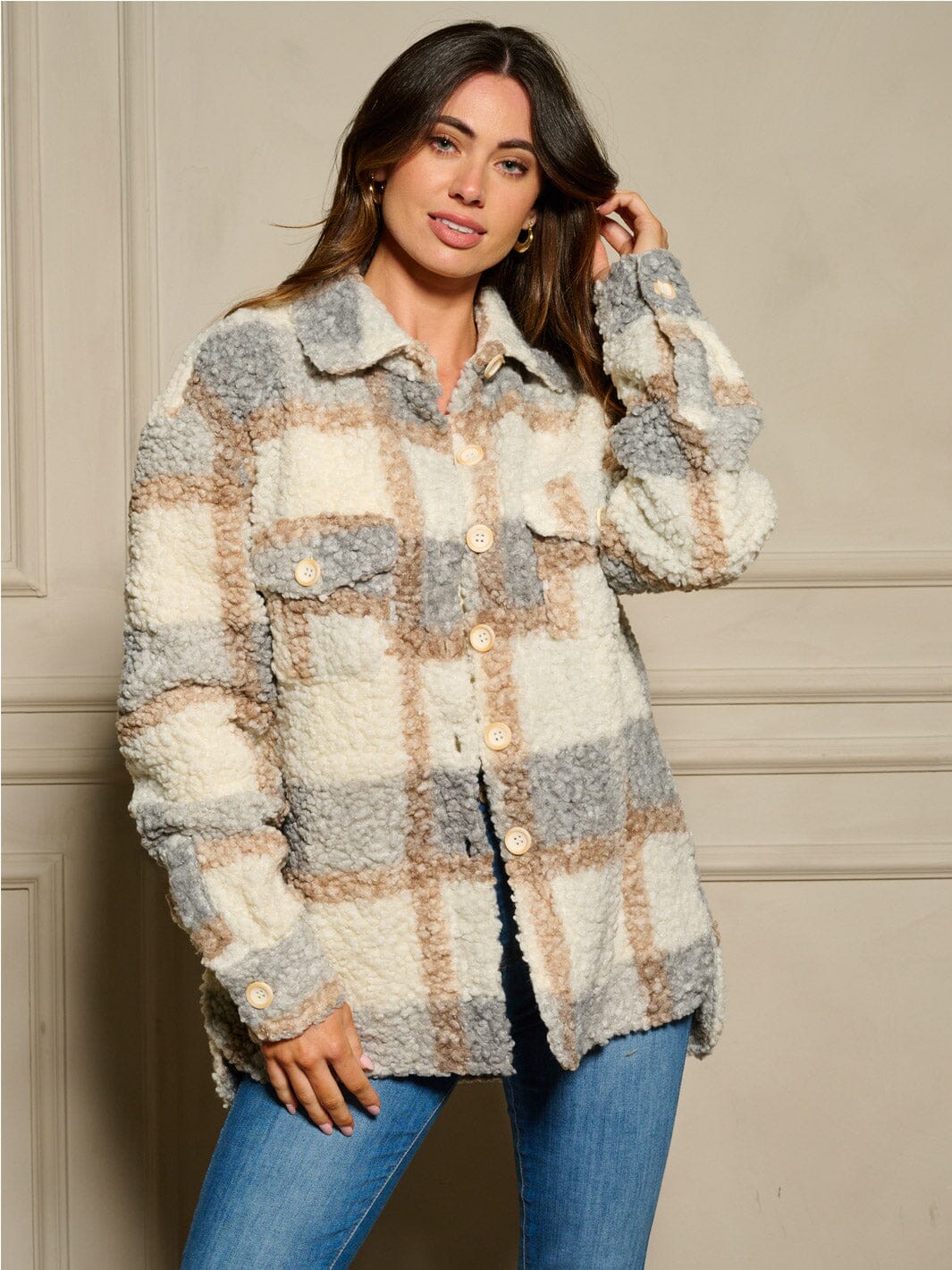 WOMEN'S LONG SLEEVE BUTTON CLOSURE FRONT POCKETS PLAID JACKET