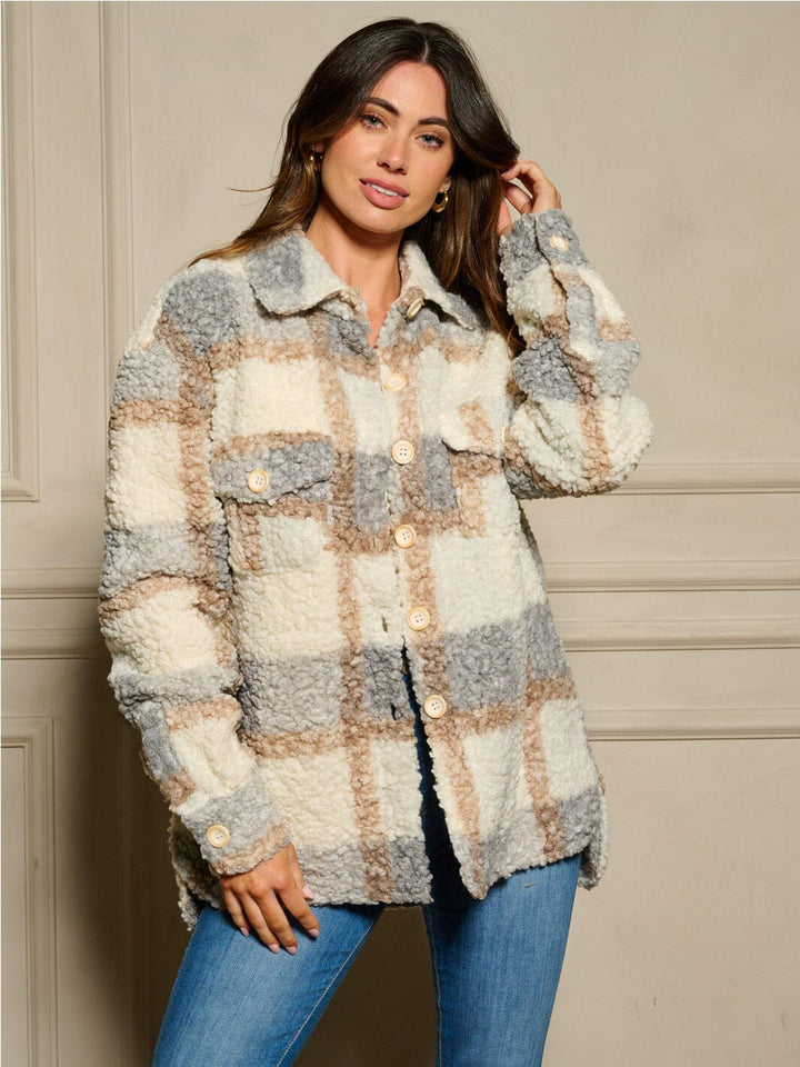 WOMEN'S LONG SLEEVE BUTTON CLOSURE FRONT POCKETS PLAID JACKET