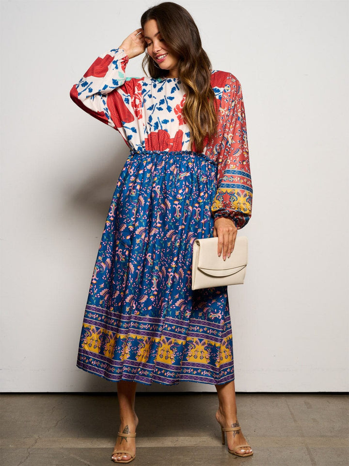 WOMEN'S LONG SLEEVE ELASTIC WAIST MULTI PRINT MAXI DRESS