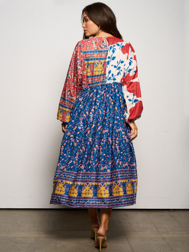 WOMEN'S LONG SLEEVE ELASTIC WAIST MULTI PRINT MAXI DRESS