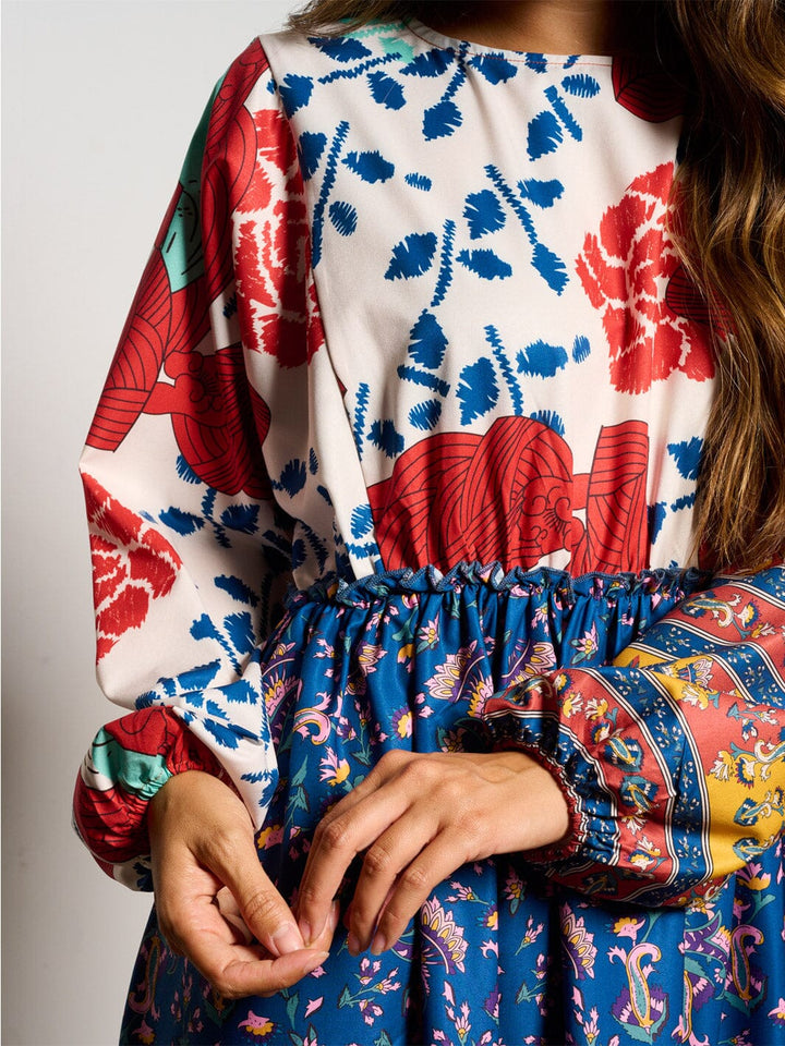 WOMEN'S LONG SLEEVE ELASTIC WAIST MULTI PRINT MAXI DRESS