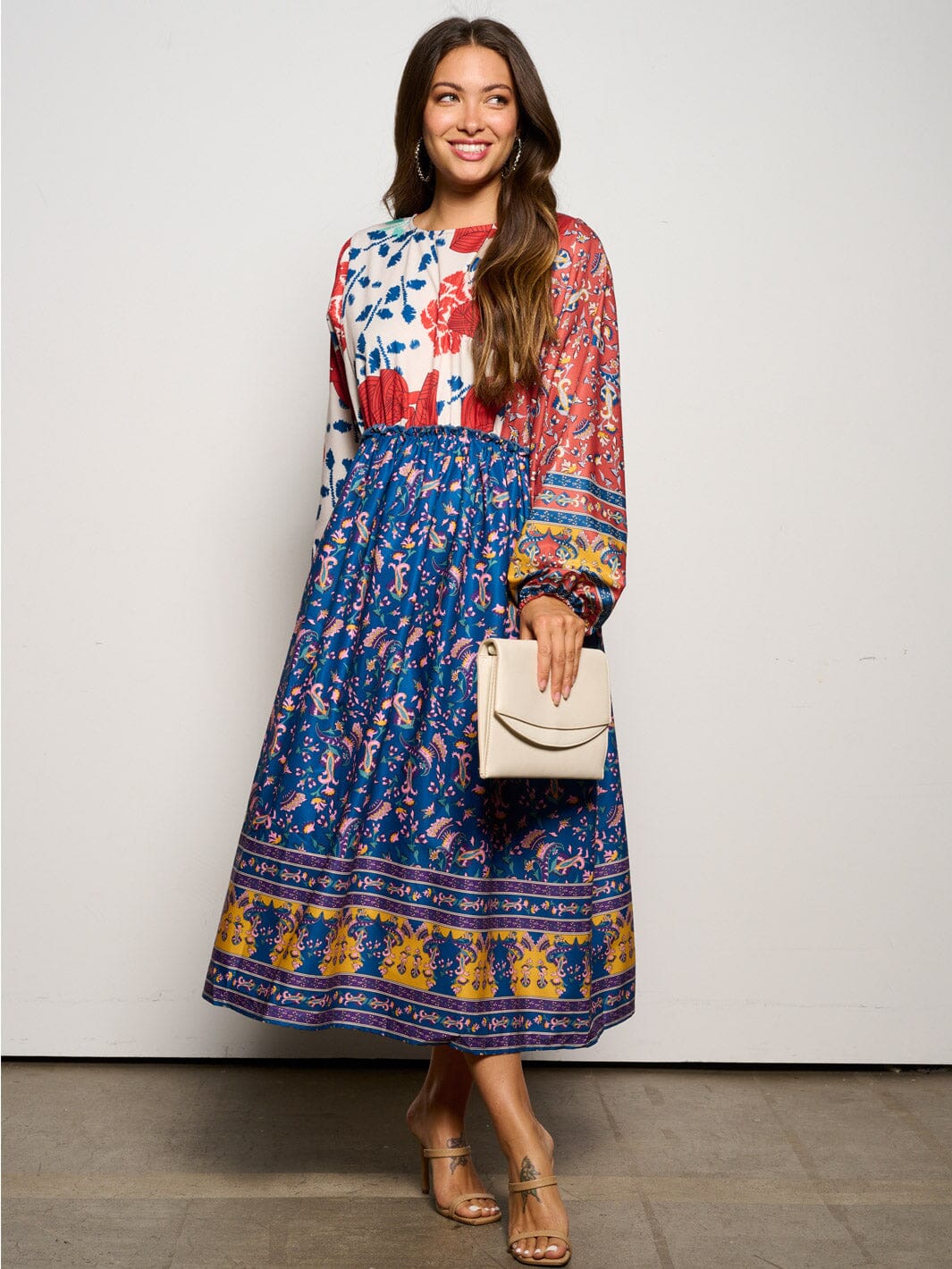 WOMEN'S LONG SLEEVE ELASTIC WAIST MULTI PRINT MAXI DRESS