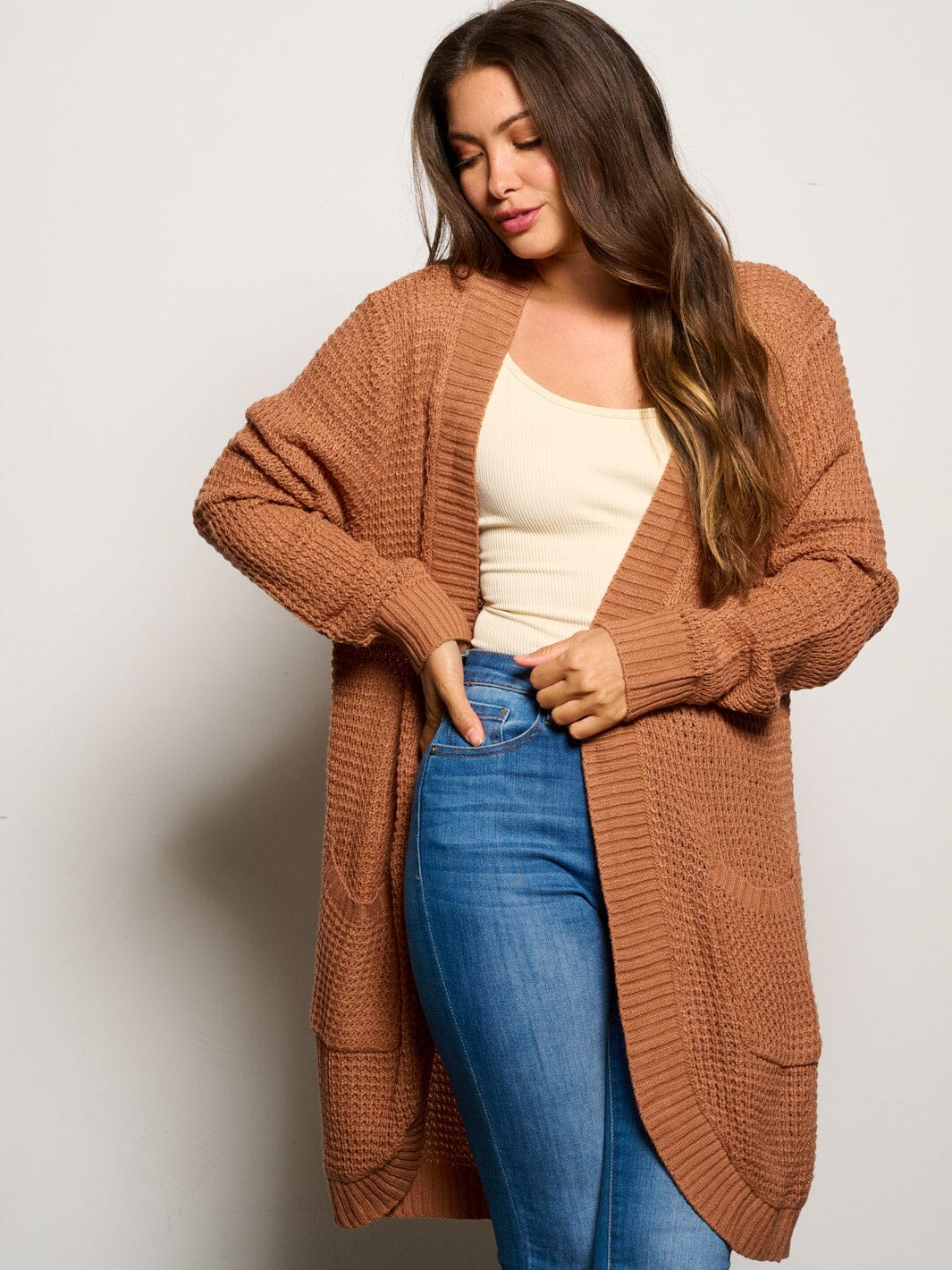 WOMEN'S LONG SLEEVE OPEB FRONT POCKETS CARDIGAN