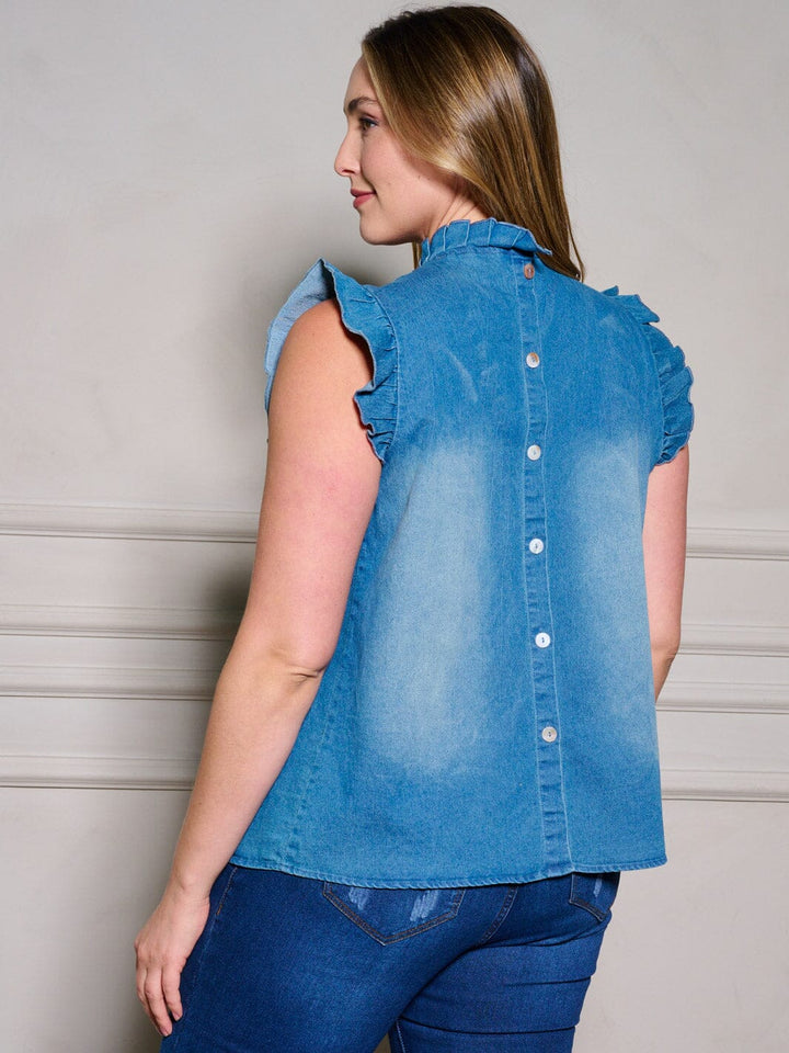 PLUS SIZE SLEEVELESS RUFFLE MOCK NECK BACK DETAILED WASHED DENIM TOP