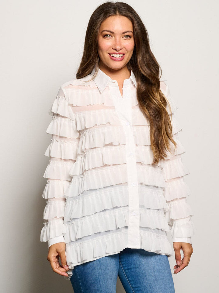 WOMEN'S LONG SLEEVE BUTTON CLOSURE TIERED RUFFLE BLOUSE TOP