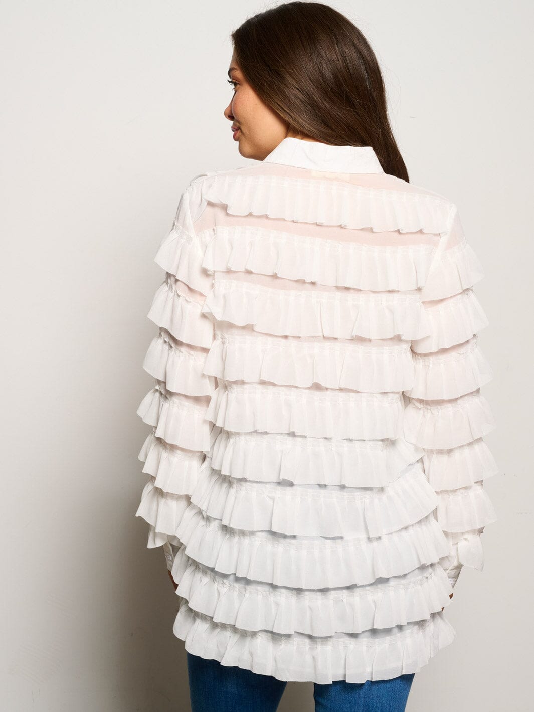 WOMEN'S LONG SLEEVE BUTTON CLOSURE TIERED RUFFLE BLOUSE TOP